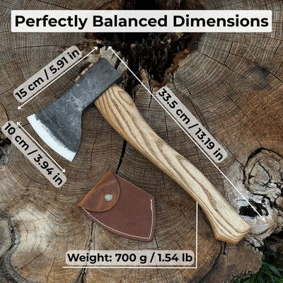 Hand-forged small carving axe with ash wood handle and leather case