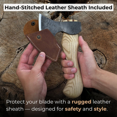 Small carving axe with leather sheath by Sharky Forged Steel Tools