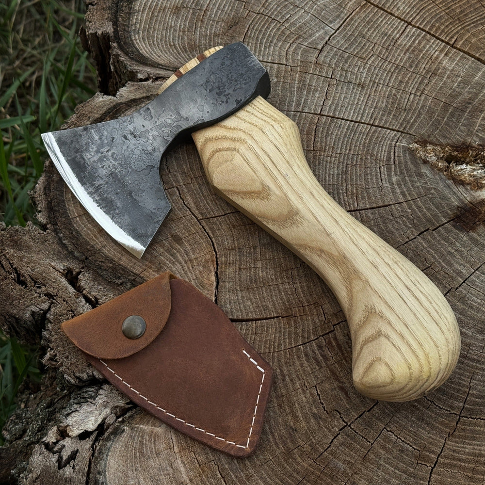 Small carving axe with leather sheath by Sharky Forged Steel Tools