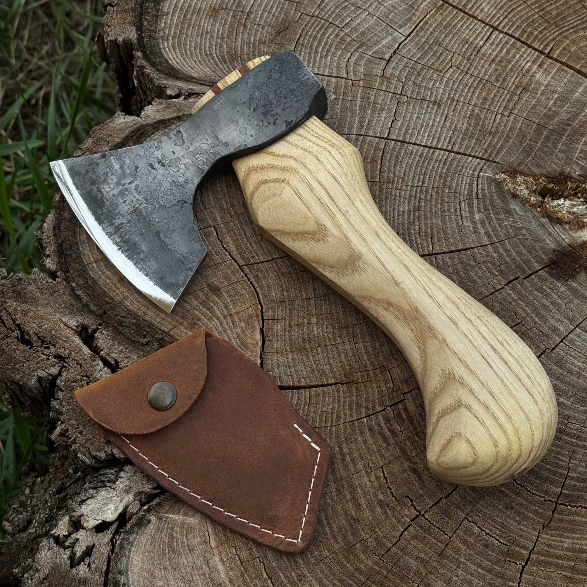 Small carving axe with leather sheath by Sharky Forged Steel Tools