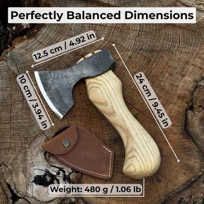 Small carving axe with leather sheath by Sharky Forged Steel Tools