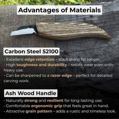 Small Chip Carving Knife with 3 cm blade and ash wood handle by Sharky Forged Steel Tools