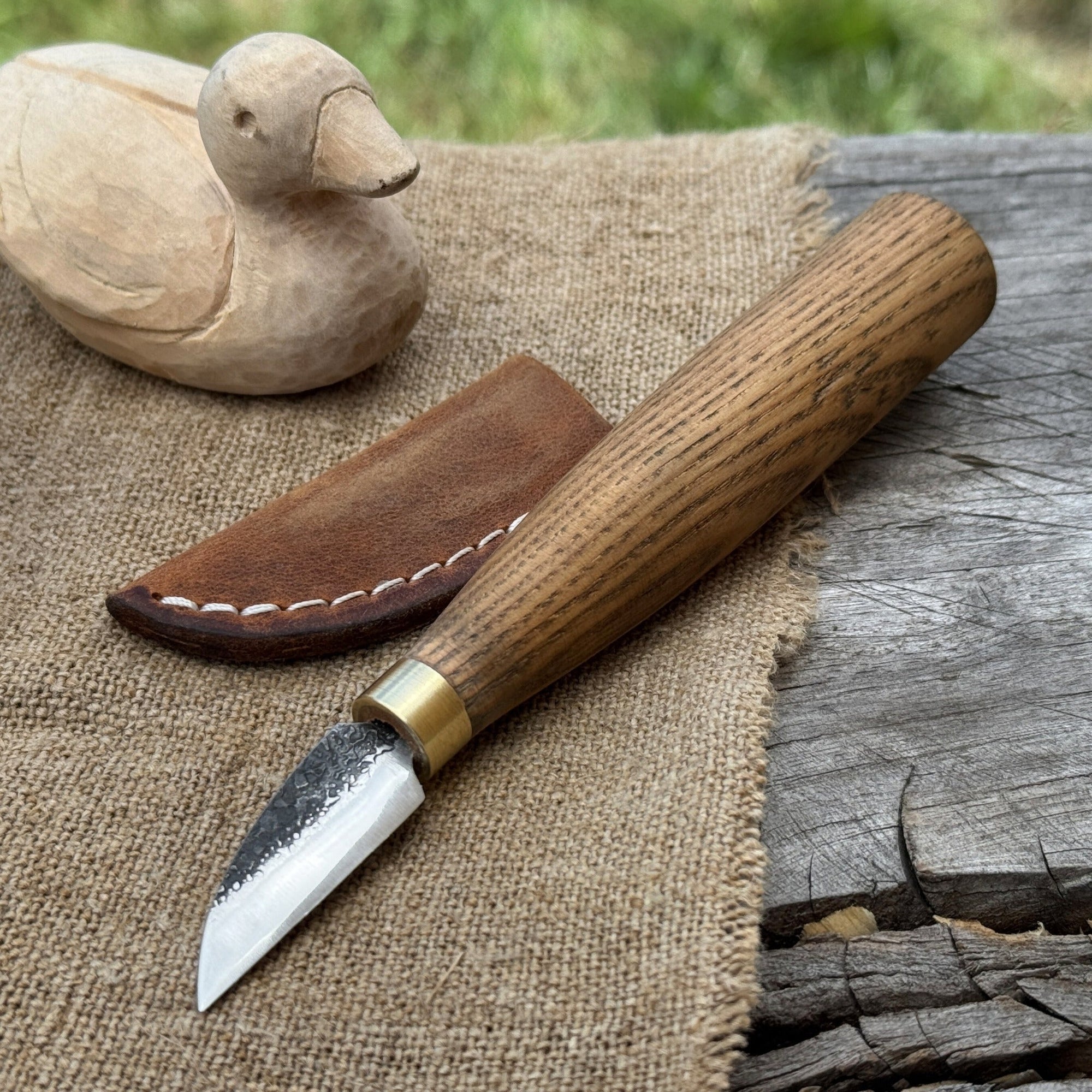 Small chip carving knife with 3.5 cm blade and ash wood handle by Sharky Forged Steel Tools