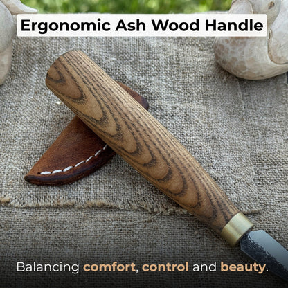 Small chip carving knife with 3.5 cm blade and ash wood handle by Sharky Forged Steel Tools