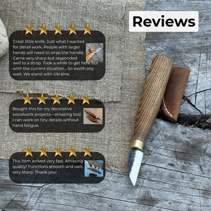 Small chip carving knife with 3.5 cm blade and ash wood handle by Sharky Forged Steel Tools