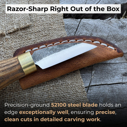 Small chip carving knife with 3.5 cm blade and ash wood handle by Sharky Forged Steel Tools