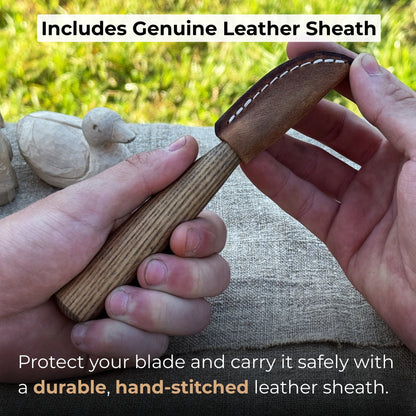 Small chip carving knife with 3.5 cm blade and ash wood handle by Sharky Forged Steel Tools