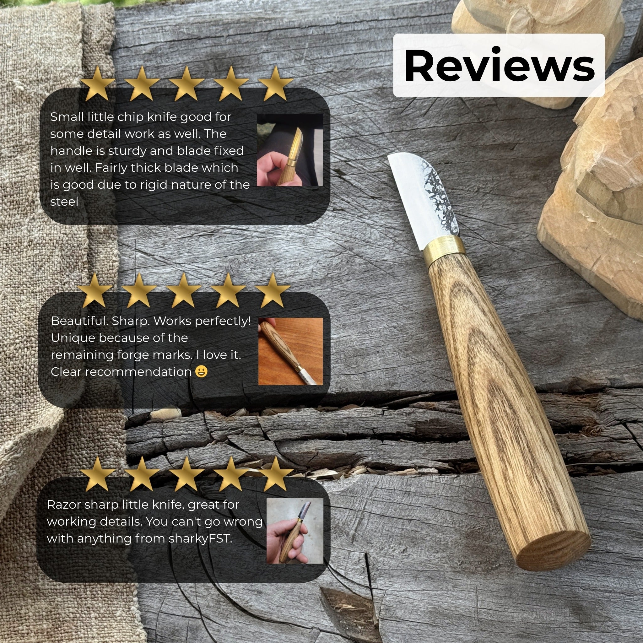 Small Chip Carving Knife with 4 cm blade and ash wood handle by Sharky Forged Steel Tools