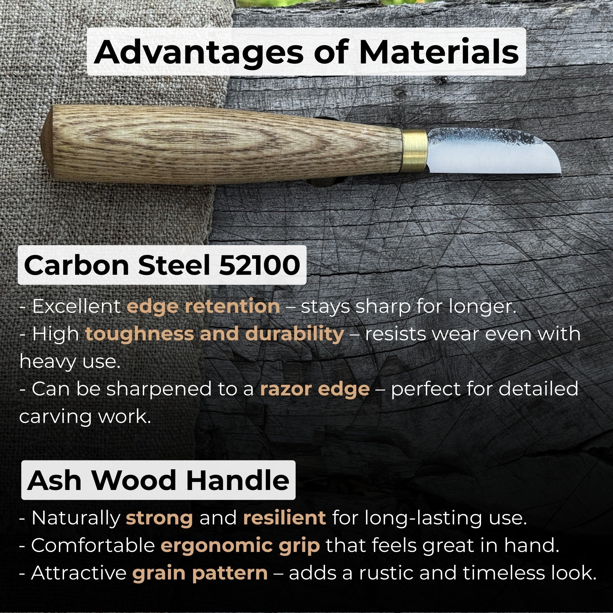 Small Chip Carving Knife with 4 cm blade and ash wood handle by Sharky Forged Steel Tools