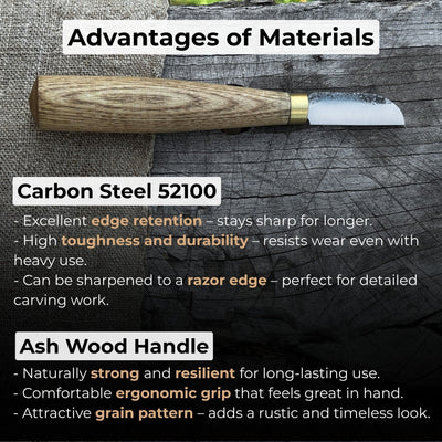 Small Chip Carving Knife with 4 cm blade and ash wood handle by Sharky Forged Steel Tools