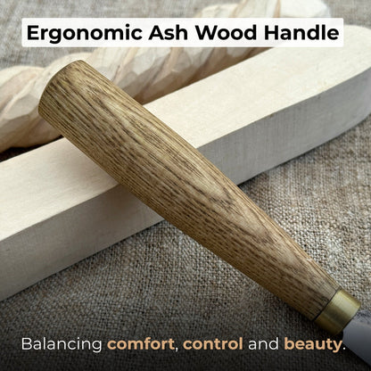 Small Chip Carving Knife with 4 cm blade and ash wood handle by Sharky Forged Steel Tools