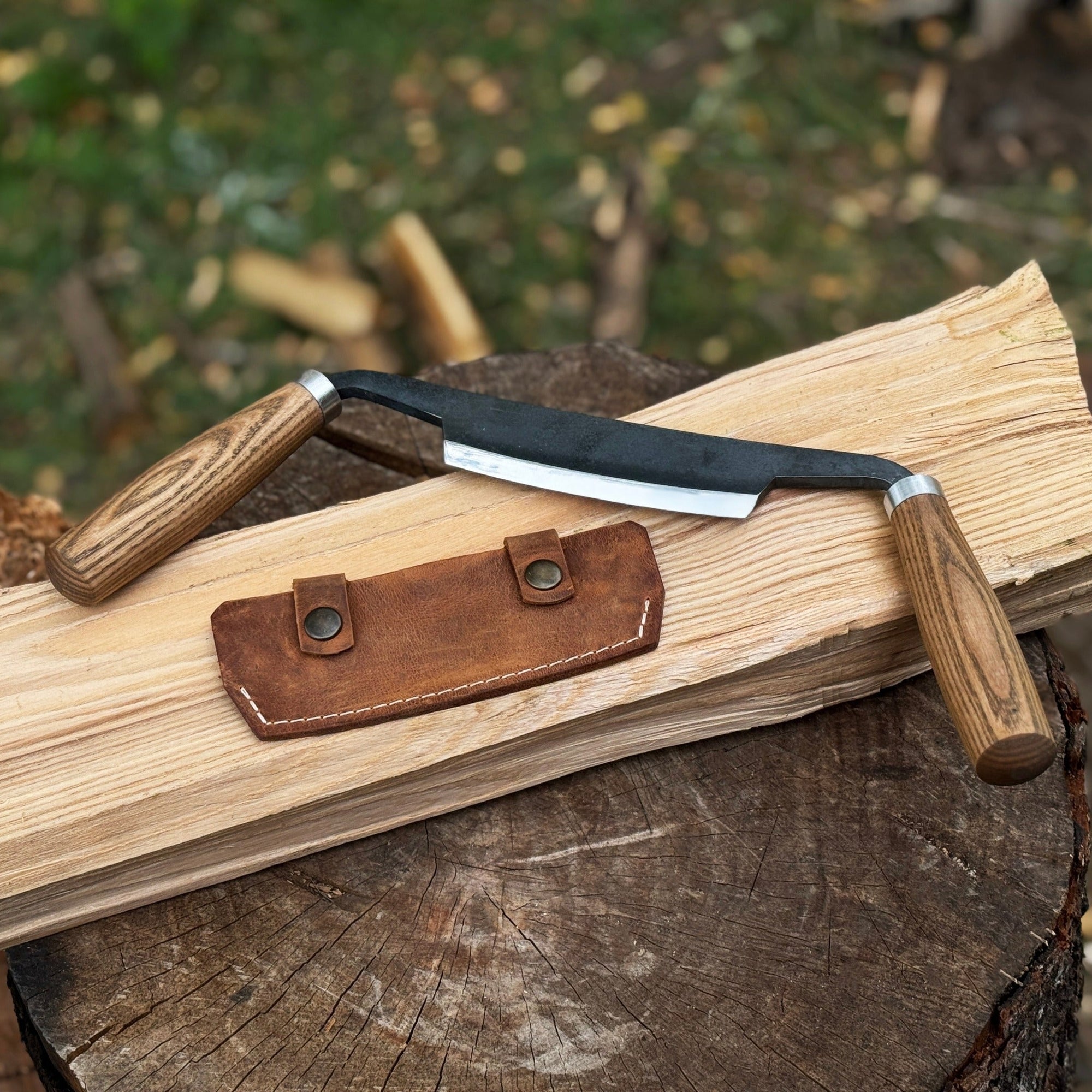 Small Curved Drawknife with wooden handles and leather sheath by Sharky Forged Steel Tools