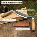 Small Curved Drawknife with wooden handles and leather sheath by Sharky Forged Steel Tools