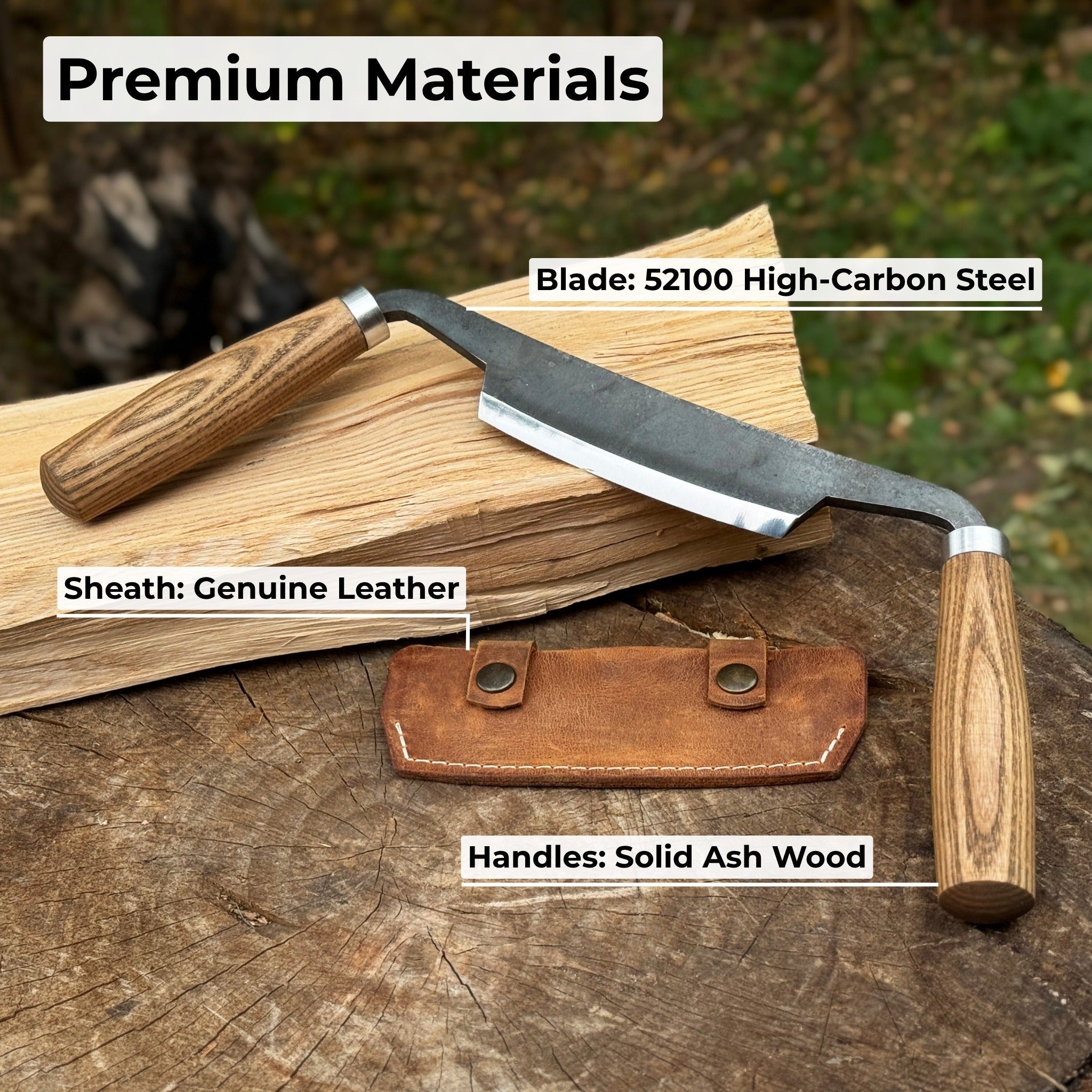 Small Curved Drawknife with wooden handles and leather sheath by Sharky Forged Steel Tools