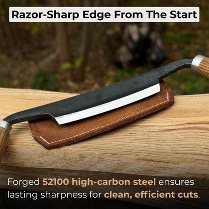 Small Curved Drawknife with wooden handles and leather sheath by Sharky Forged Steel Tools