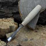 Small Fishtail Chisel with ash wood handle and forged steel blade, available in 15 mm and 20 mm widths