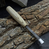 Small Fishtail Chisel with ash wood handle and forged steel blade, available in 15 mm and 20 mm widths