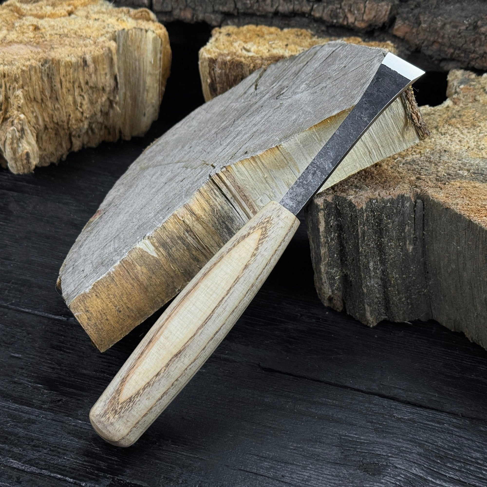 Small Flat Carving Chisel with 20 mm blade and ash wood handle by Sharky Forged Steel Tools