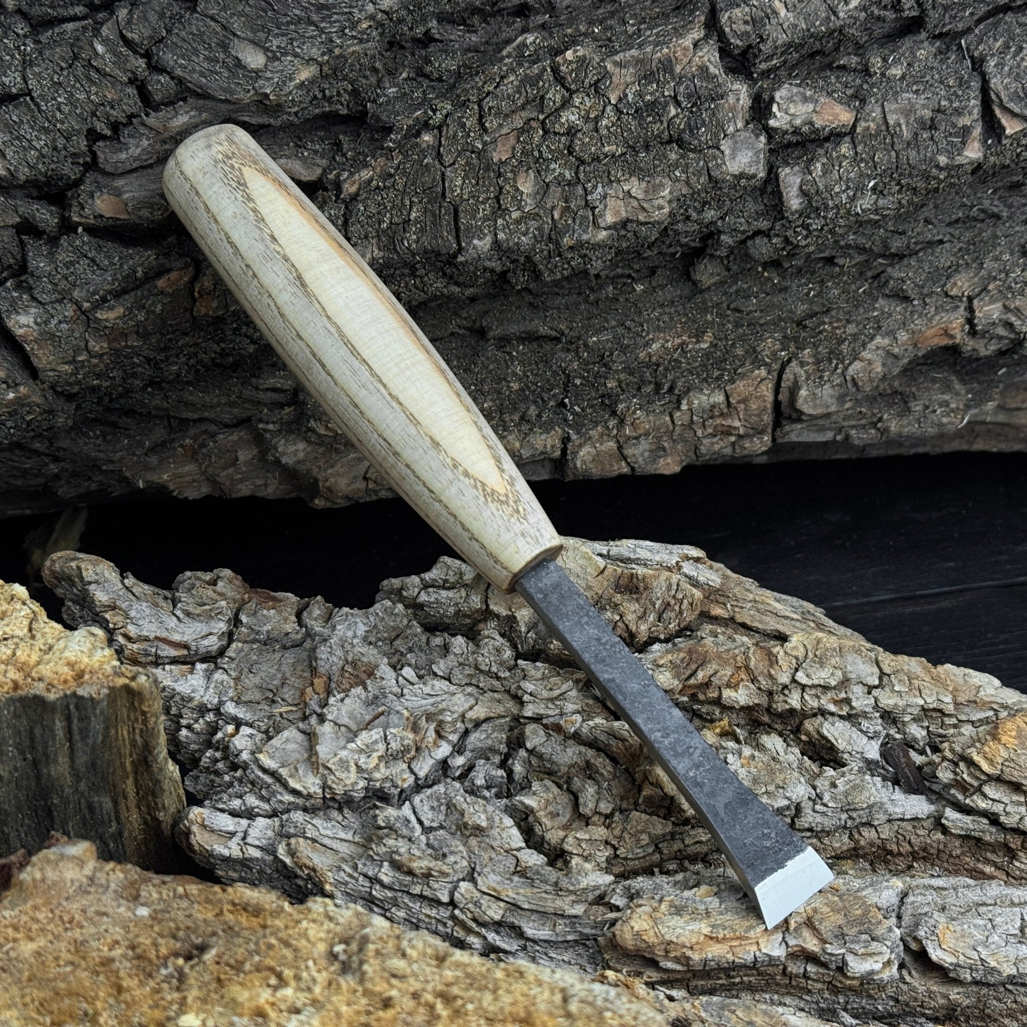 Small Flat Carving Chisel with 20 mm blade and ash wood handle by Sharky Forged Steel Tools