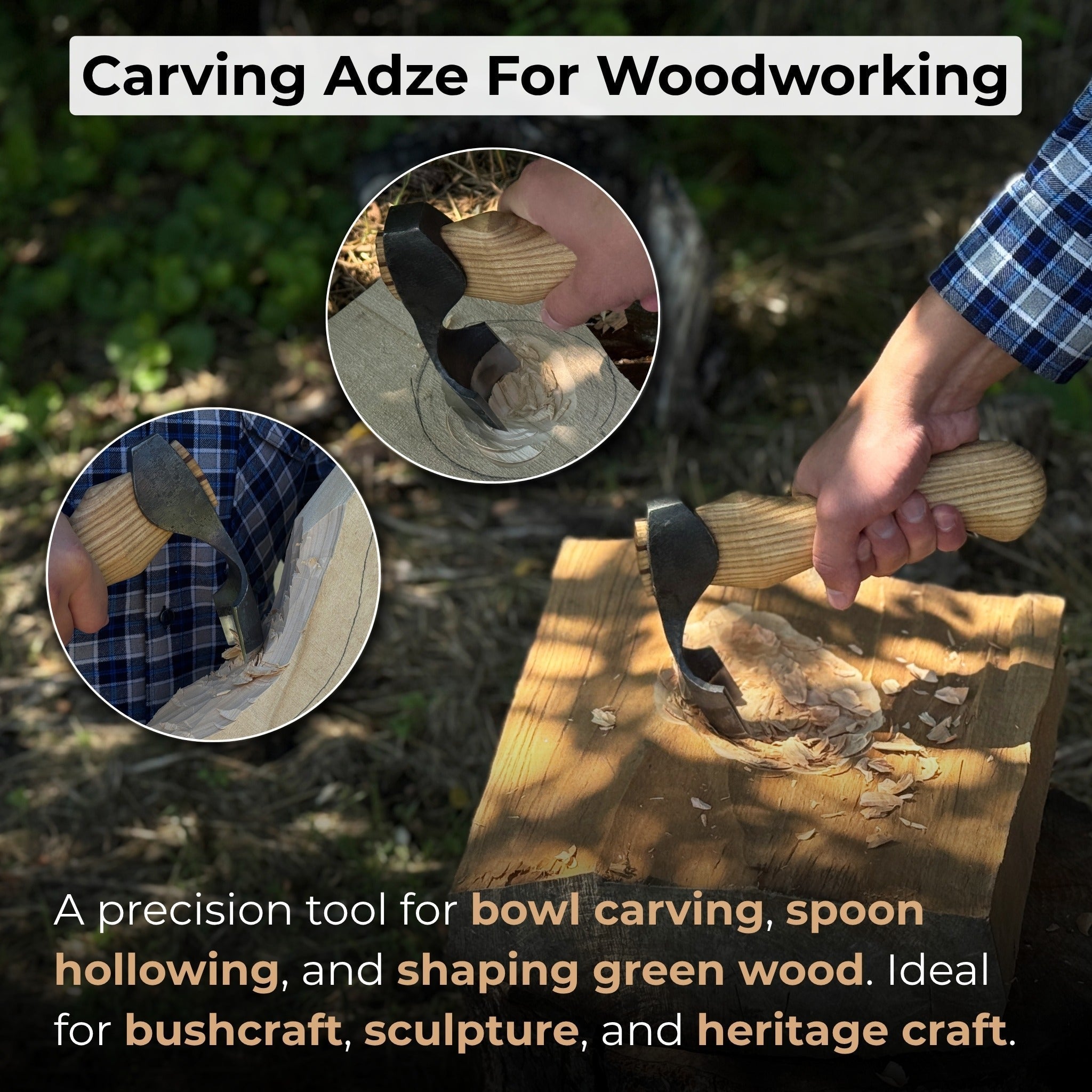 Small Kuksa Adze with deep curved round blade and ash wood handle by Sharky Forged Steel Tools