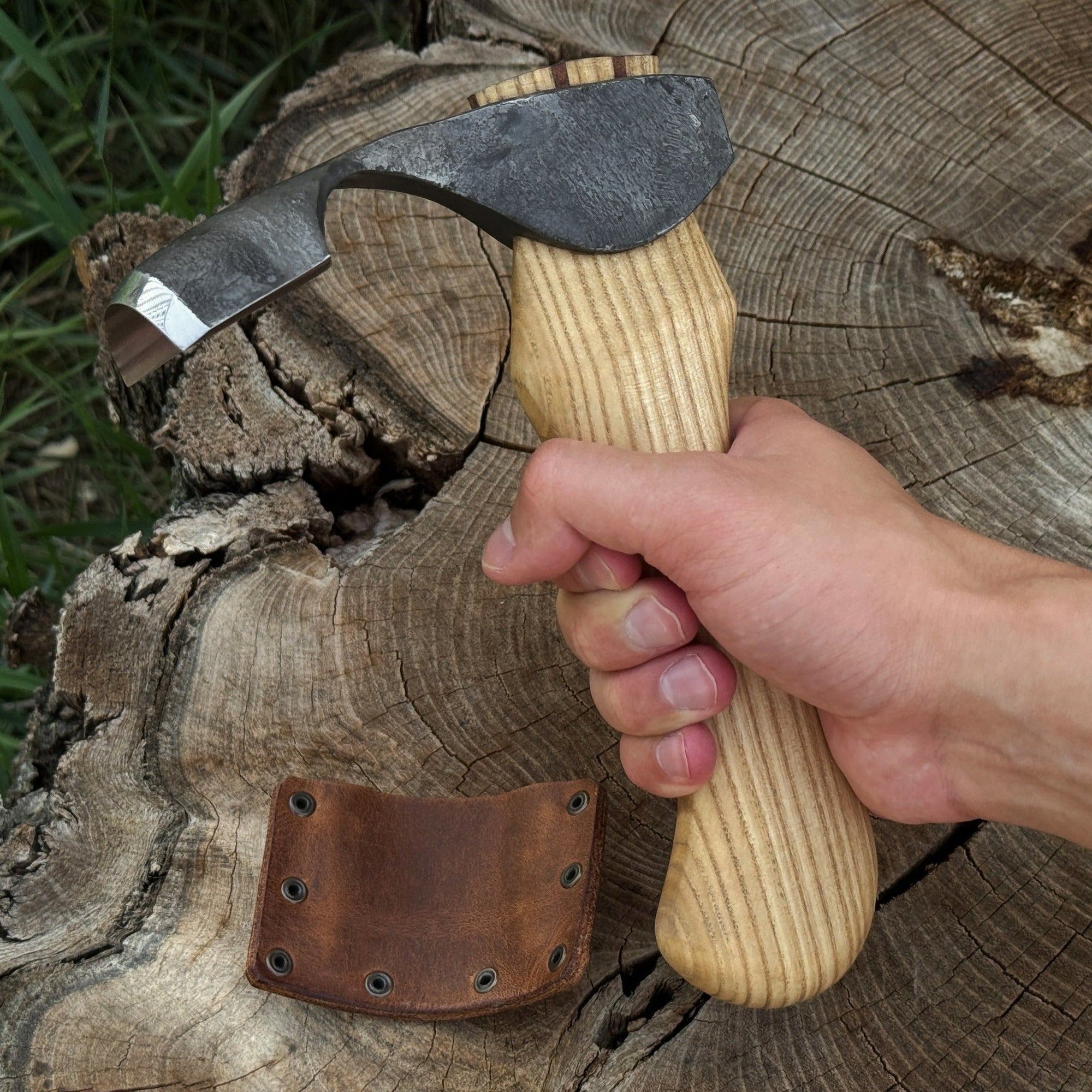 Small Kuksa Adze with deep curved round blade and ash wood handle by Sharky Forged Steel Tools