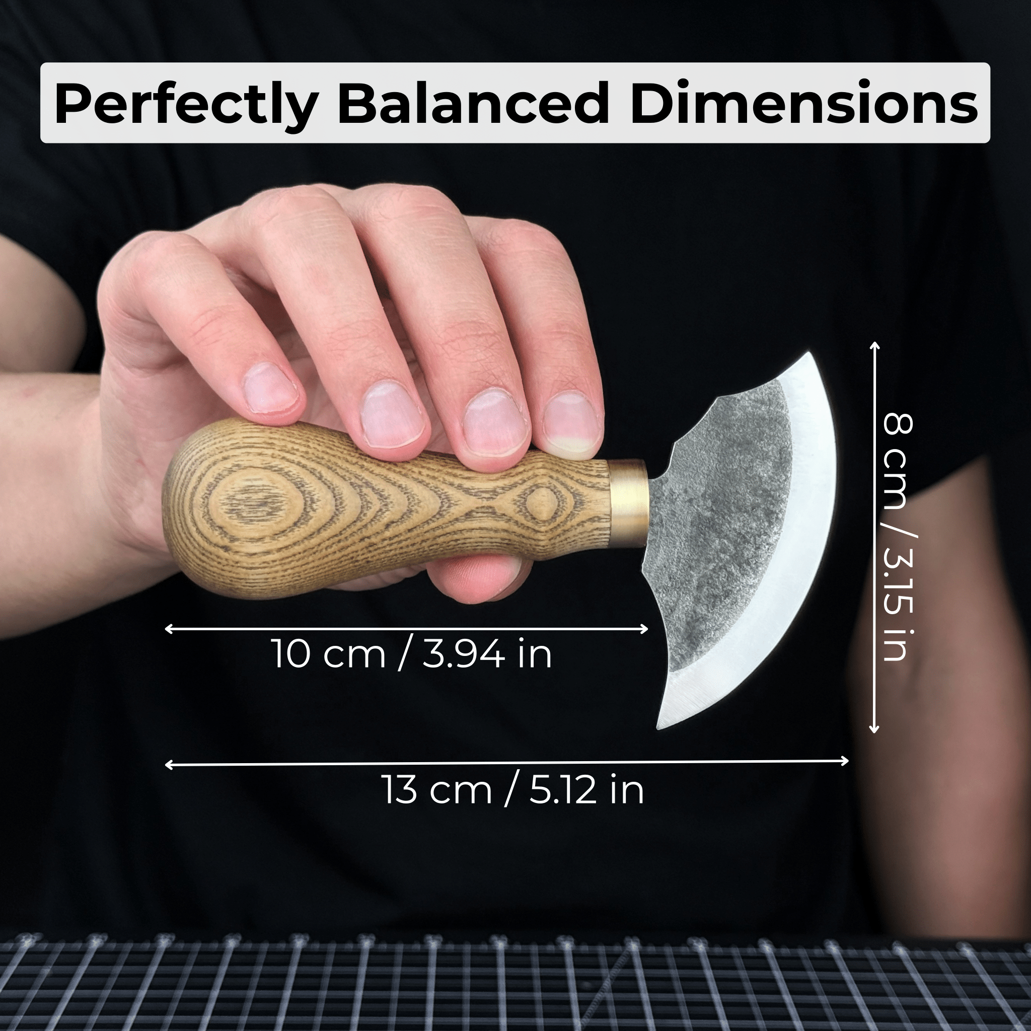 Small leather round knife with ash wood handle and high-carbon steel blade