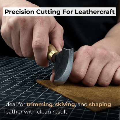 Small leather round knife with ash wood handle and high-carbon steel blade