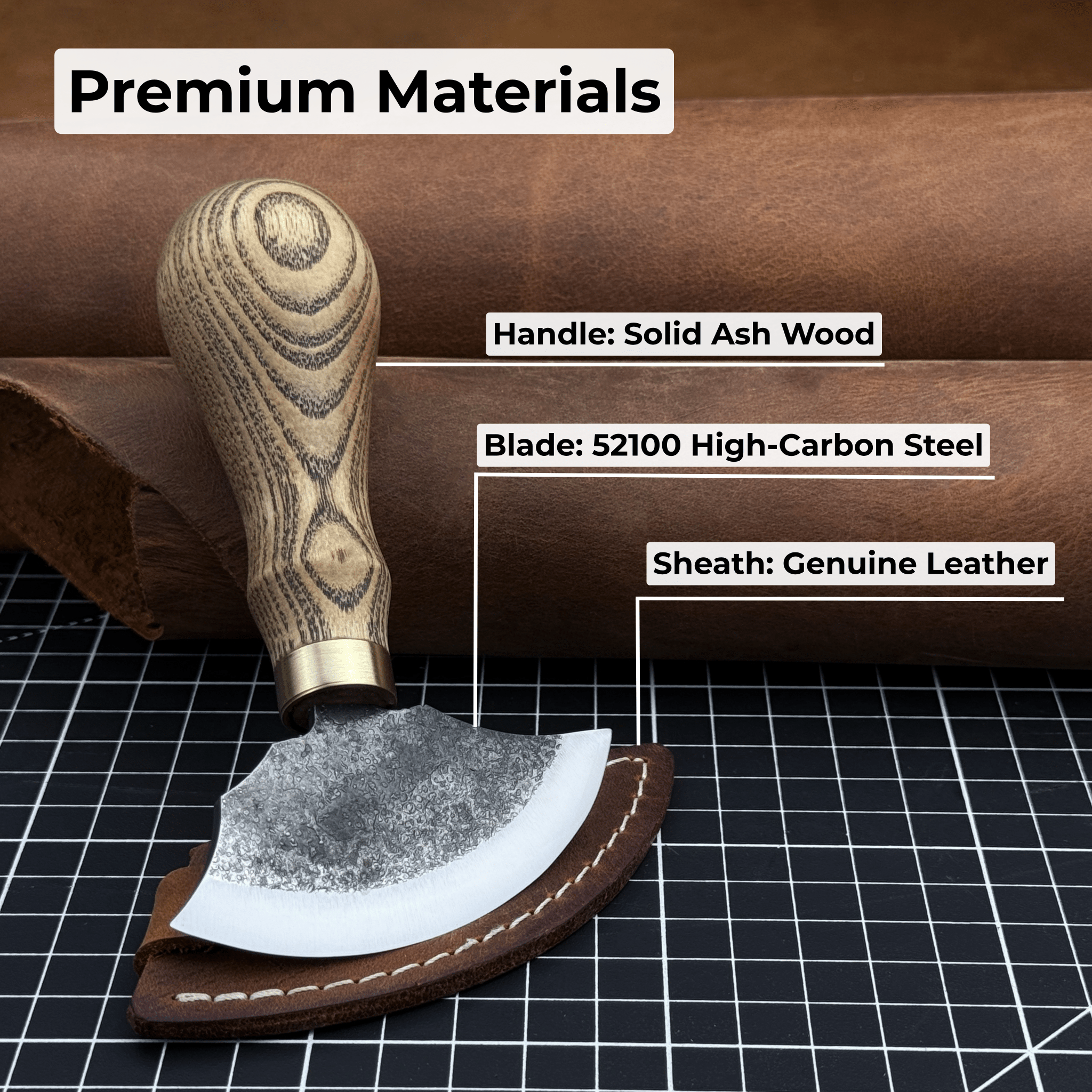 Small leather round knife with ash wood handle and high-carbon steel blade