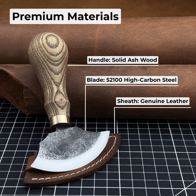 Small leather round knife with ash wood handle and high-carbon steel blade