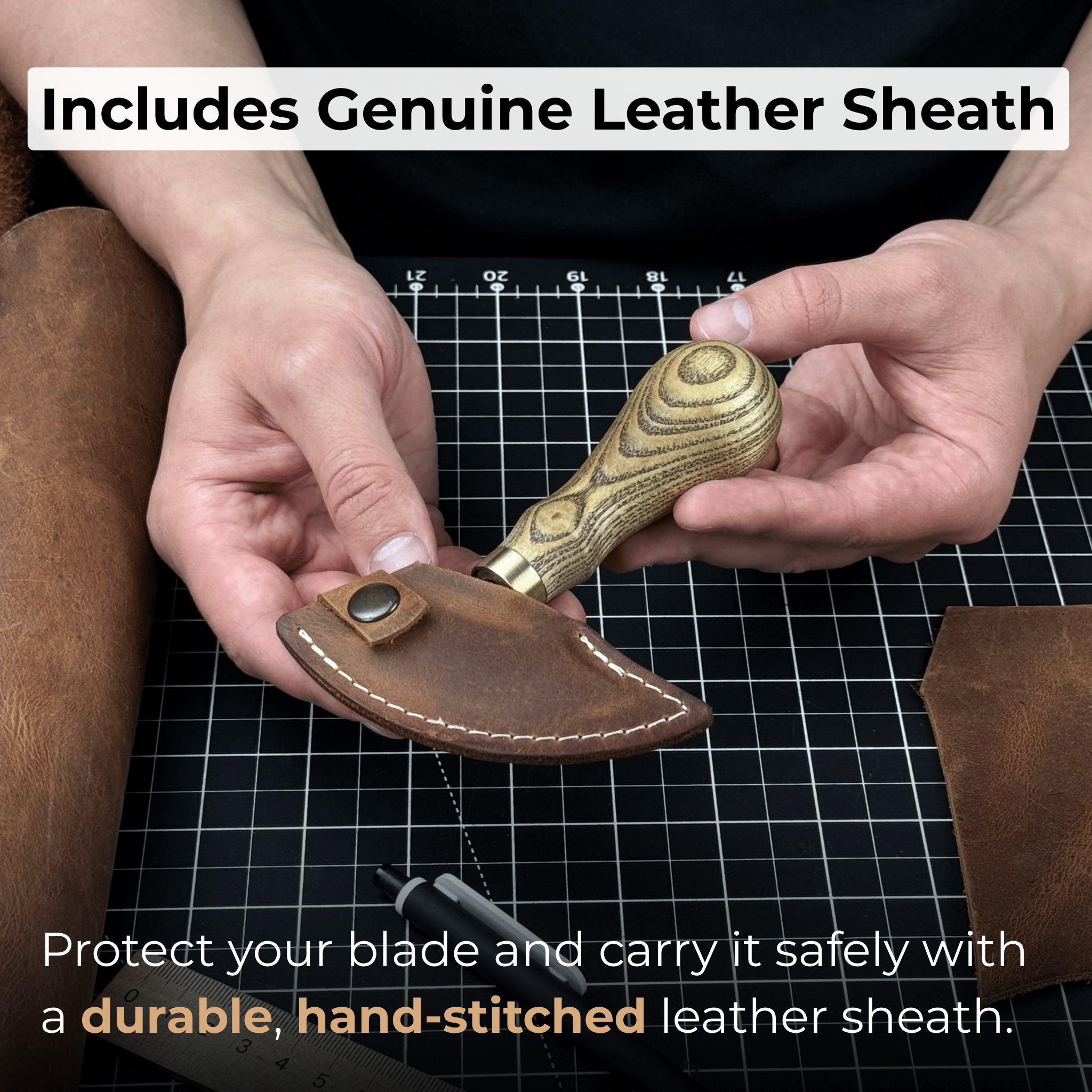Small leather round knife with ash wood handle and high-carbon steel blade