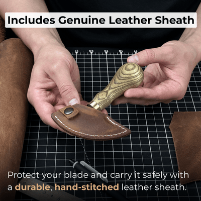 Small leather round knife with ash wood handle and high-carbon steel blade