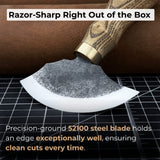 Small leather round knife with ash wood handle and high-carbon steel blade