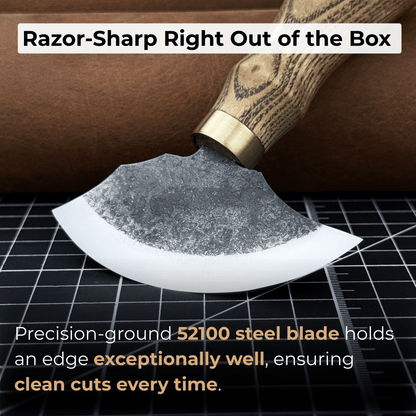 Small leather round knife with ash wood handle and high-carbon steel blade