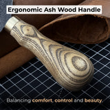 Small leather round knife with ash wood handle and high-carbon steel blade