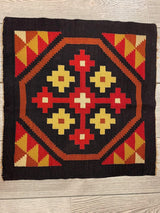 Small Mexican hand woven Kilim rug, geometric pattern, 19 inch square, multi-color wool