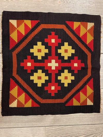 Small Mexican hand woven Kilim rug, geometric pattern, 19 inch square, multi-color wool