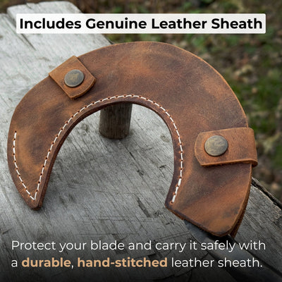 Small sickle with forged handle and leather sheath for gardening and harvesting