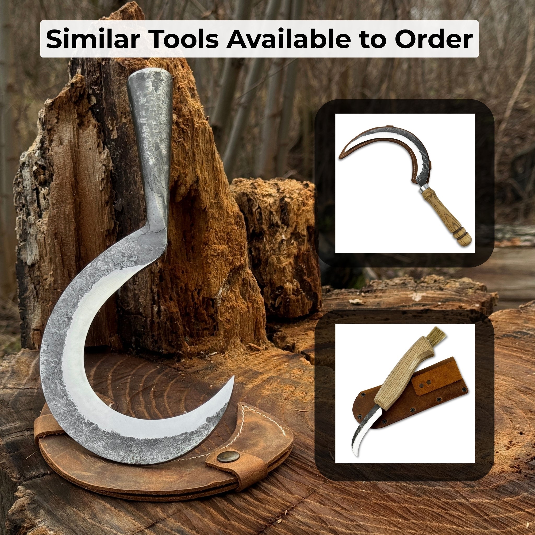 Small sickle with forged handle and leather sheath for gardening and harvesting