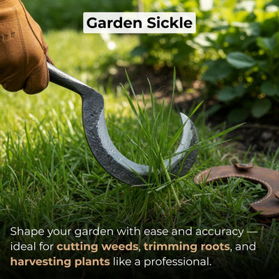 Small sickle with forged handle and leather sheath for gardening and harvesting