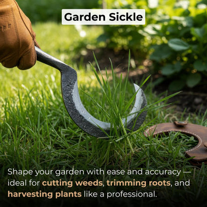 Small sickle with forged handle and leather sheath for gardening and harvesting
