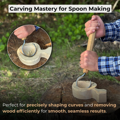 Small spoon carving hook knife with octagonal ash wood handle and curved blade