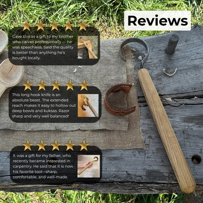 Small spoon carving hook knife with octagonal ash wood handle and curved blade