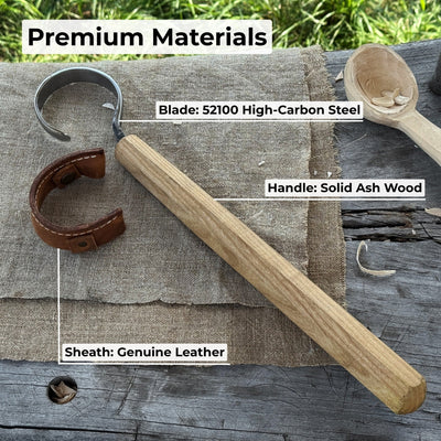 Small spoon carving hook knife with octagonal ash wood handle and curved blade