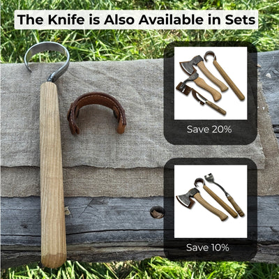 Small spoon carving hook knife with octagonal ash wood handle and curved blade