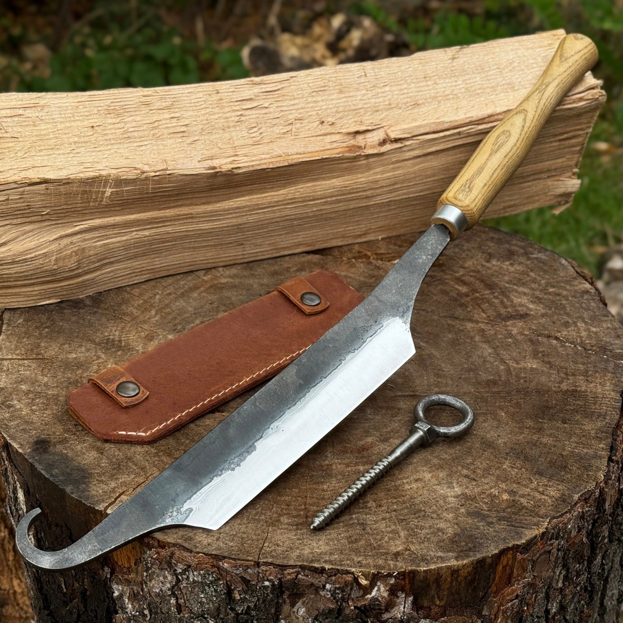 Small Stock Knife - Cloggers knife with ash handle and leather sheath by Sharky Forged Steel Tools