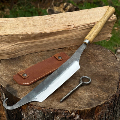 Small Stock Knife - Cloggers knife with ash handle and leather sheath by Sharky Forged Steel Tools
