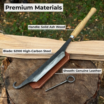 Small Stock Knife - Cloggers knife with ash handle and leather sheath by Sharky Forged Steel Tools