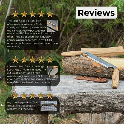 Small straight drawknife with 14.5 cm cutting edge and ash wood handle