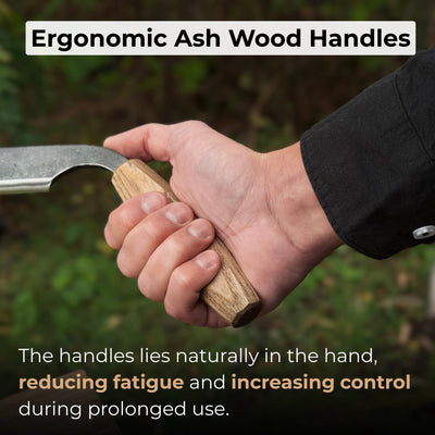 Small straight drawknife with 14.5 cm cutting edge and ash wood handle