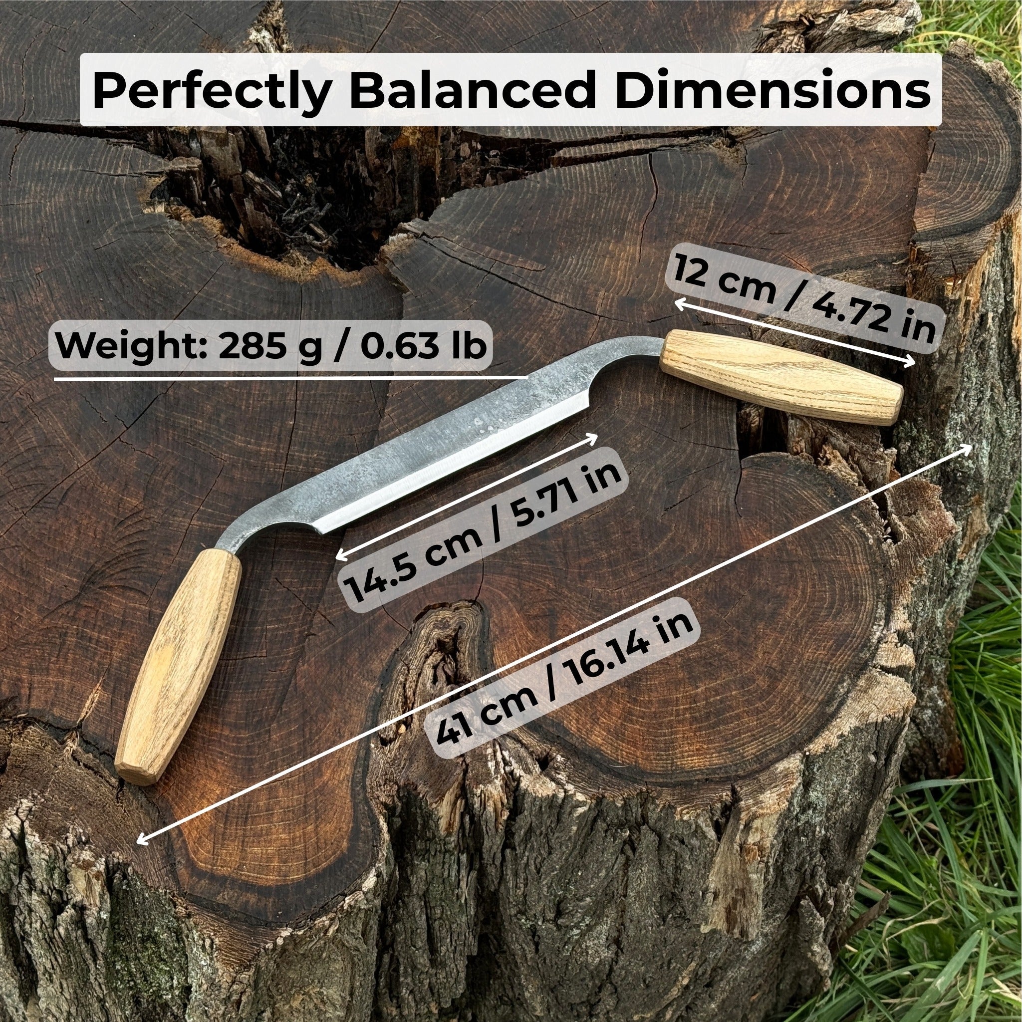 Small straight drawknife with 14.5 cm cutting edge and ash wood handle